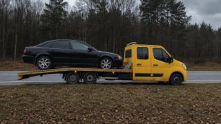 Sedan z uszkodzonym kołem na platformie lawety – Pabianice